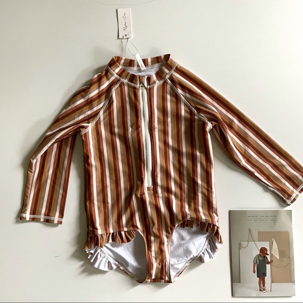 Rylee & Cru Girl's Rash Guard One Multi Piece Stripe Swimsuit! NEW